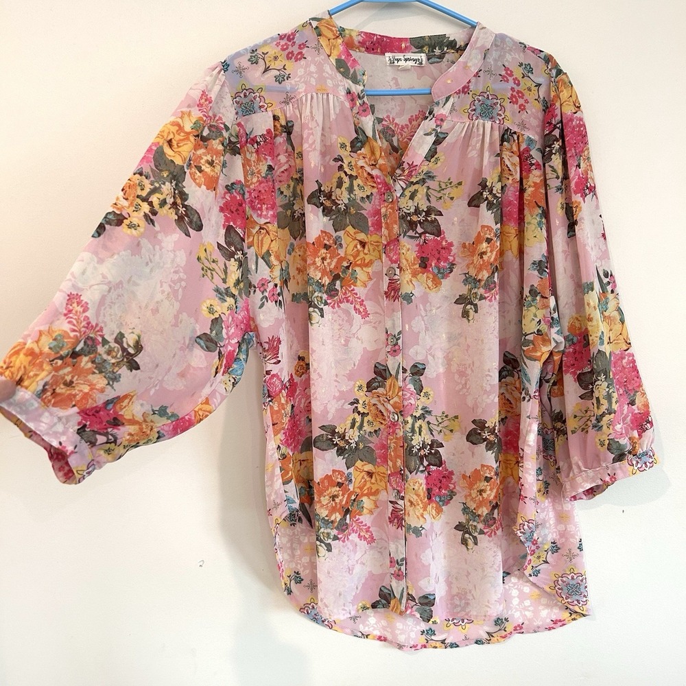 Hope Springs Pink Floral Blouse Sz XL Sheer Button Balloon Sleeve Flowy Boho
